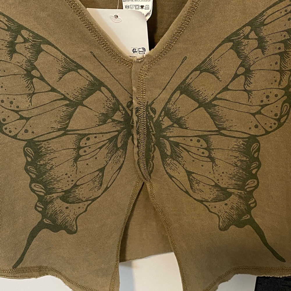Olive Green Butterfly Graphic Crop Top with collar - Picture 2 of 6